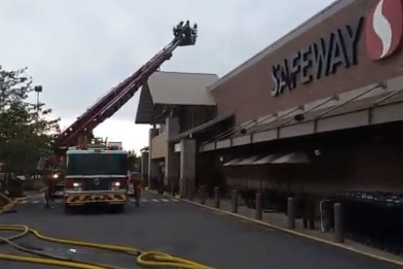 A screenshot of the video posted by Puget Sound Fire, showing crews working on extinguishing the fire that occurred in the Maple Valley Safeway.