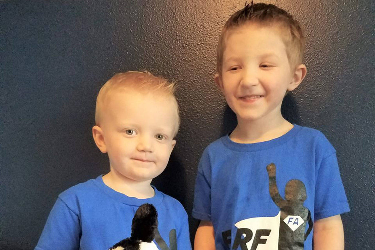 Blake Robinson, 5, and his older brother Bryce Robinson wearing their new FARF 5K shirts. Both boys are from Maple Valley and Blake suffers from FA. Photo courtesy of FARF 5K.