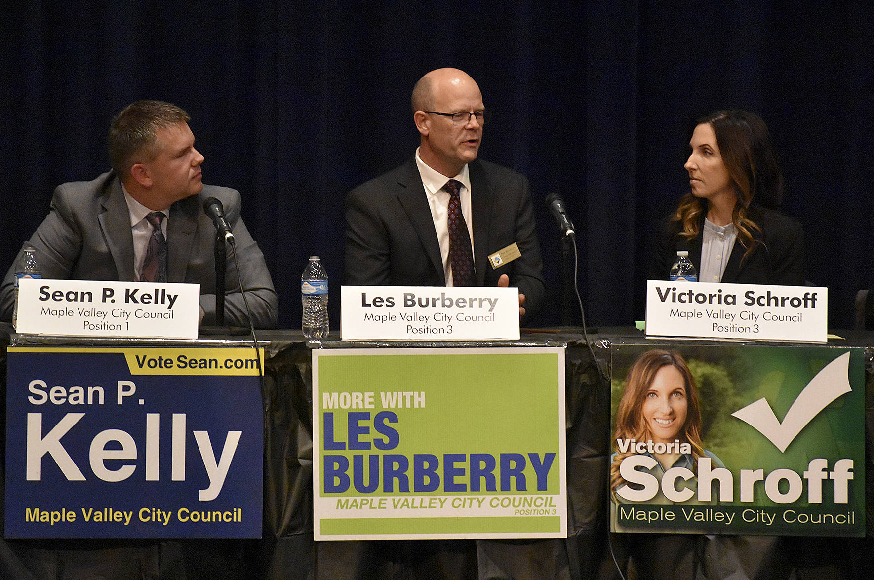 Photo by Haley Ausbun. Unopposed Position 1 candidate Sean Kelly, Position 3 candidates Les Burberry and Victoria Schroff at the Maple Valley candidate forum, Oct. 17.