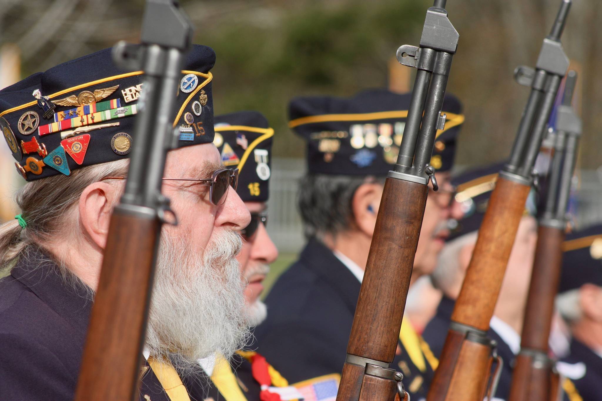 Legionnaires of Post 15 of the American Legion’s Color/Honor Guard representing Kent stand ready to perform at the Veterans Day ceremony at Tahoma National Cemetery. MARK KLAAS, Kent Reporter