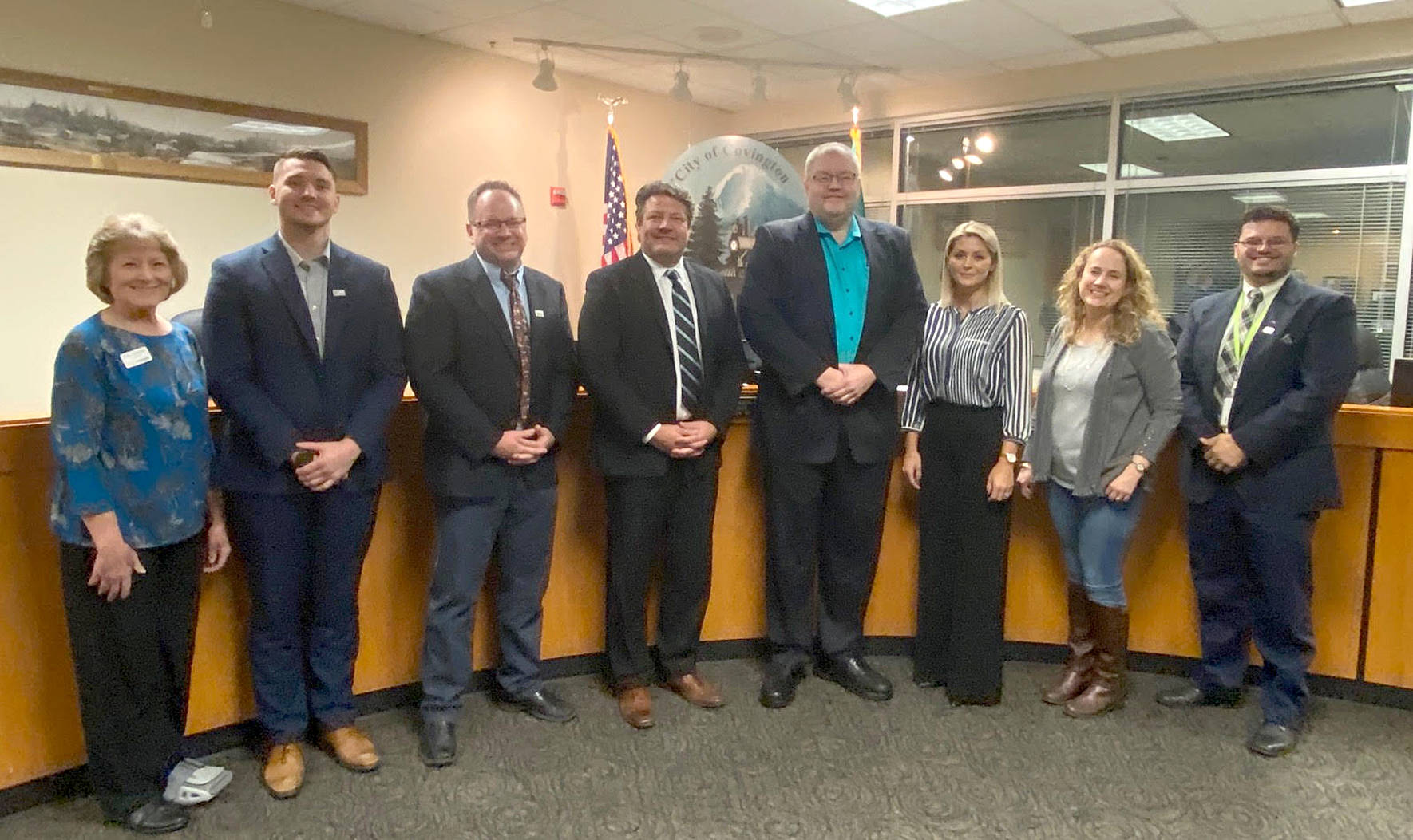 The Covington City Council from left to right; Fran McGregor Hollums, Jared Koukal, Sean Smith, Jeff Wagner, Kristina Soltys, Jennifer Harjehausen and Joseph Cimaomo Jr. Photo by Karla Slate.
