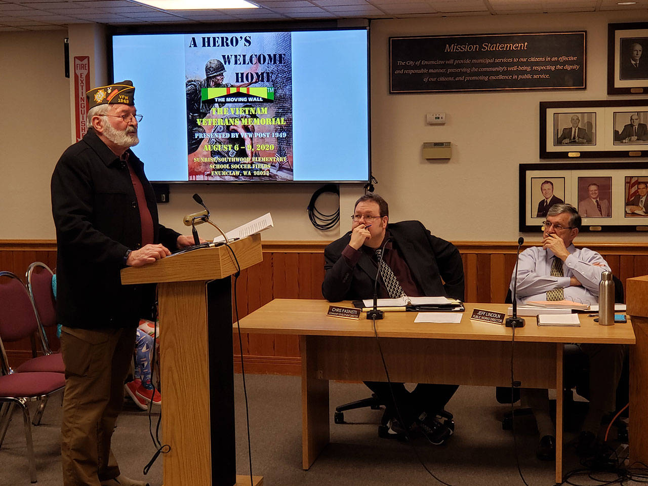 Keith Matthews of the Enumclaw VFW Post 1949 presented his plan for the moving Vietnam Memorial during the Feb. 10 council meeting. Photo by Ray Miller-Still