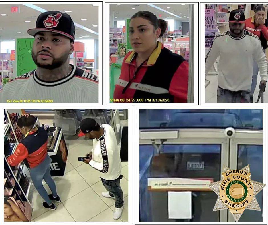 These two suspects are wanted by the King County Sheriff’s Office for allegedly stealing nearly $1,500 worth of merchandise from the Covington Ulta. Photo courtesy of KCSO.