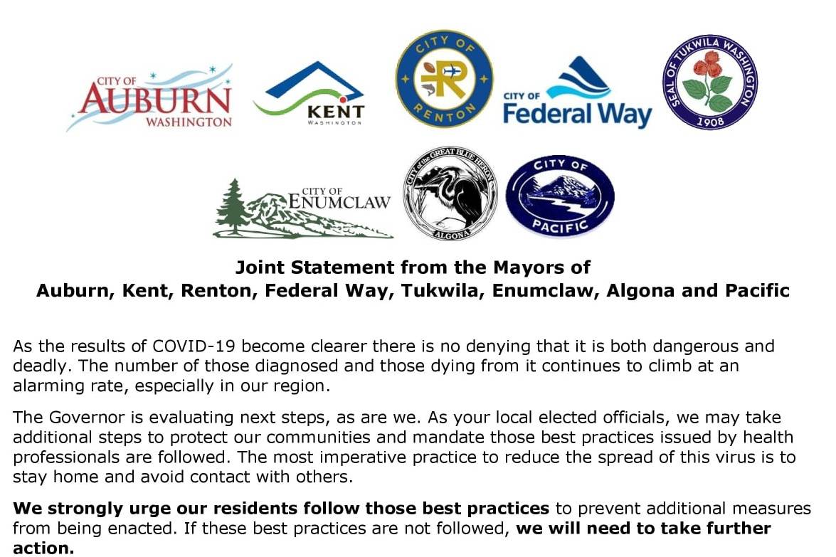 Joint statement from the mayors of Auburn, Kent, Renton, Federal Way, Tukwila, Enumclaw, Algona and Pacific was issued Sunday, March 22, in response to the COVID-19 outbreak. Courtesy of City of Kent