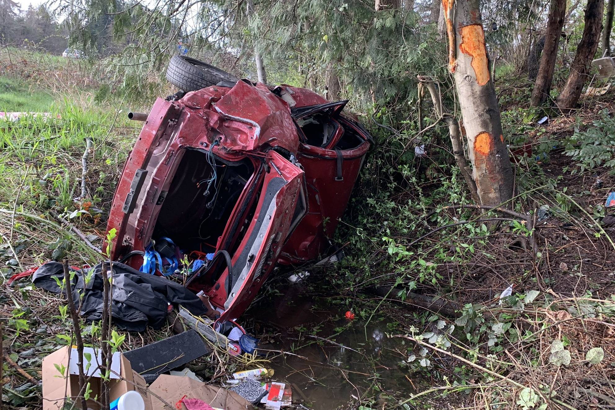 A 3-year-old boy suffered serious injuries as a passenger in this car that crashed early Monday along Interstate 5 in Kent. COURTESY PHOTO, State Patrol
