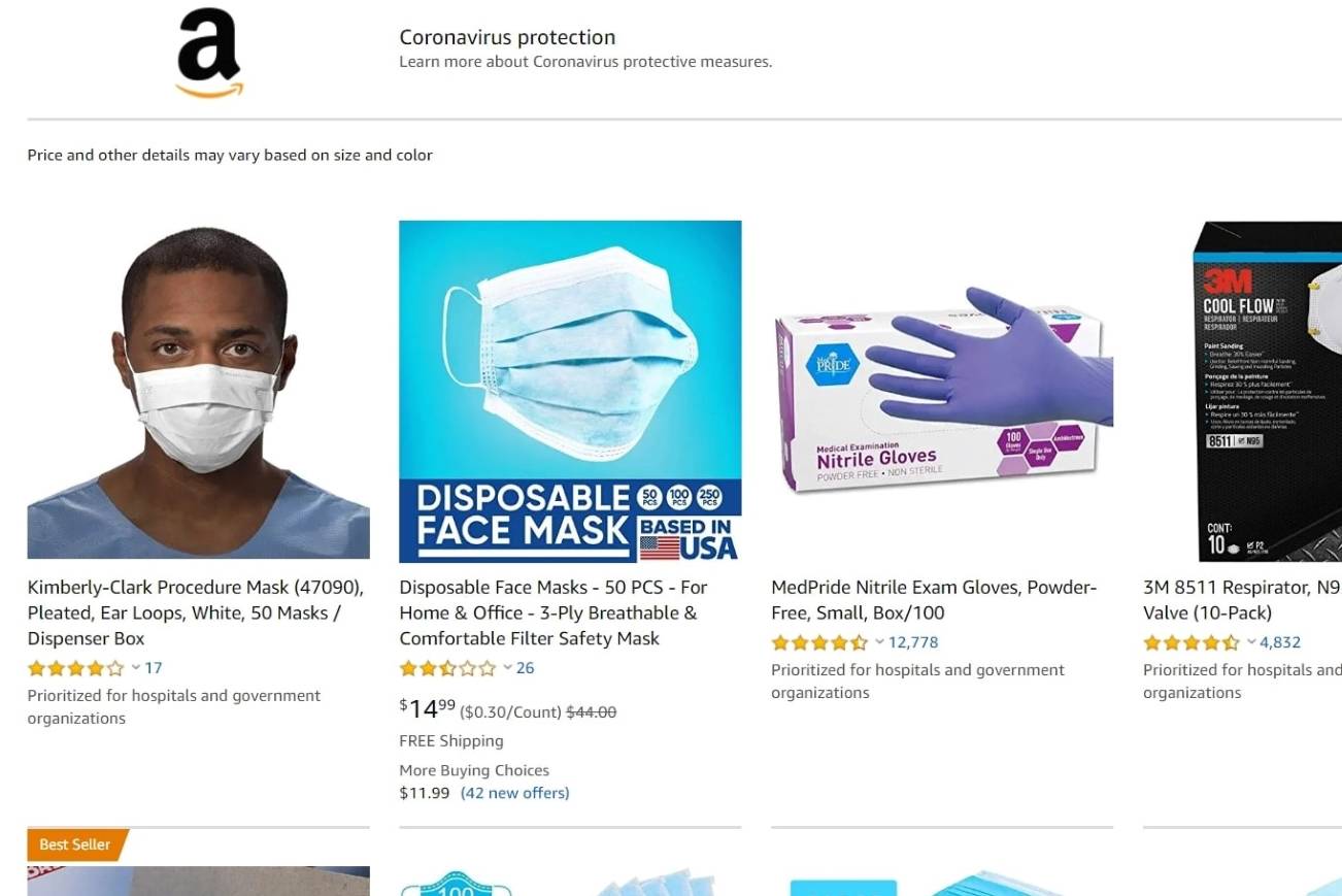 Amazon.com still has listings for medical equipment, but the website includes a caveat and other protections to ensure equipment is supplied to those who need it. Screenshot