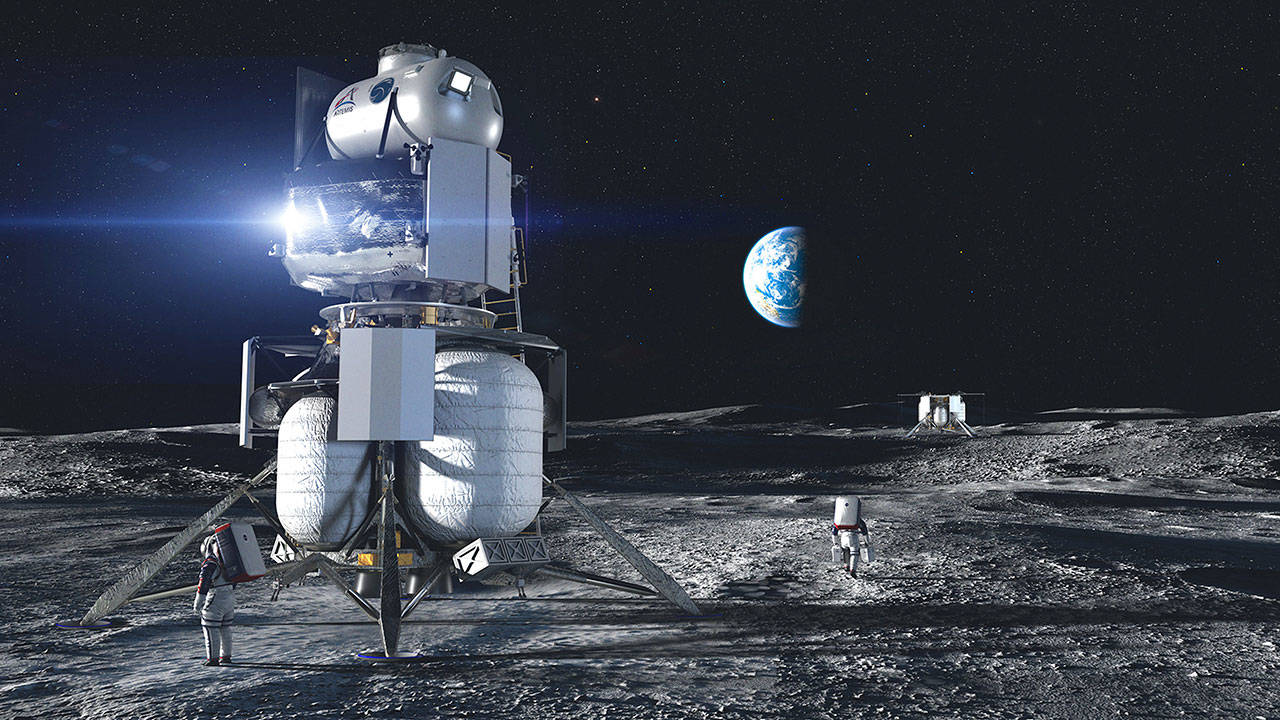 An image of the Blue Origin National Team crewed lander on the surface of the Moon. COURTESY GRAPHIC, Blue Origin