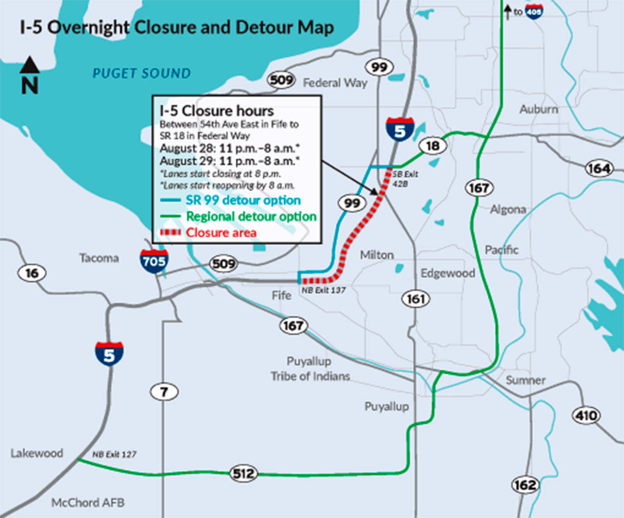 Closure and detour routes for I-5 overnight Aug. 28-30 between Fife and Federal Way. COURTESY GRAPHIC, state DOT