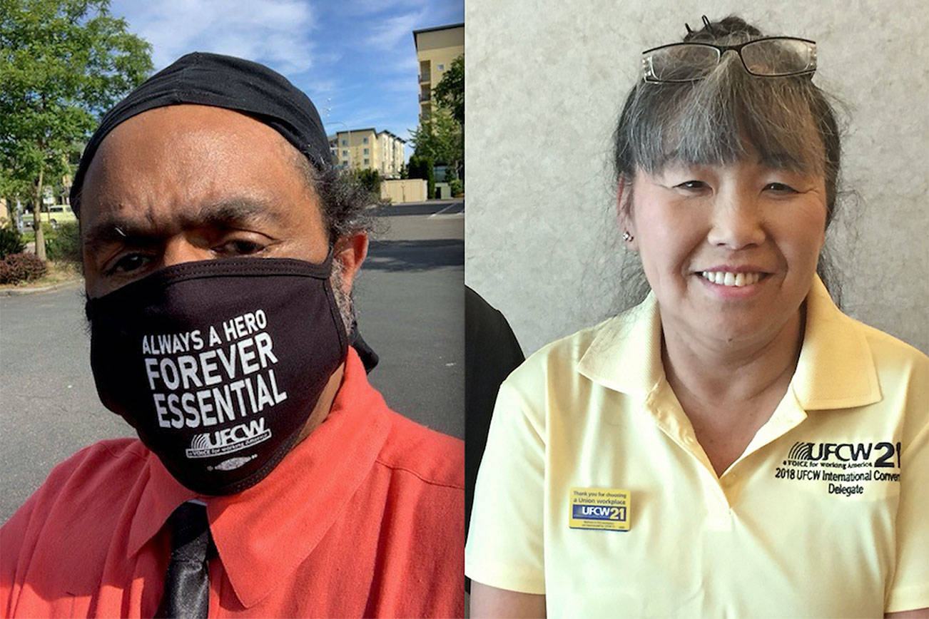 Rico Thomas, left, has been a clerk in the Fuel Center/Mini Mart at Safeway in Federal Way for the past 5 years. Kyong Barry, right, has been with Albertsons for 18 years and is a front end supervisor in Auburn. Both are active members of UFCW 21. Courtesy photos