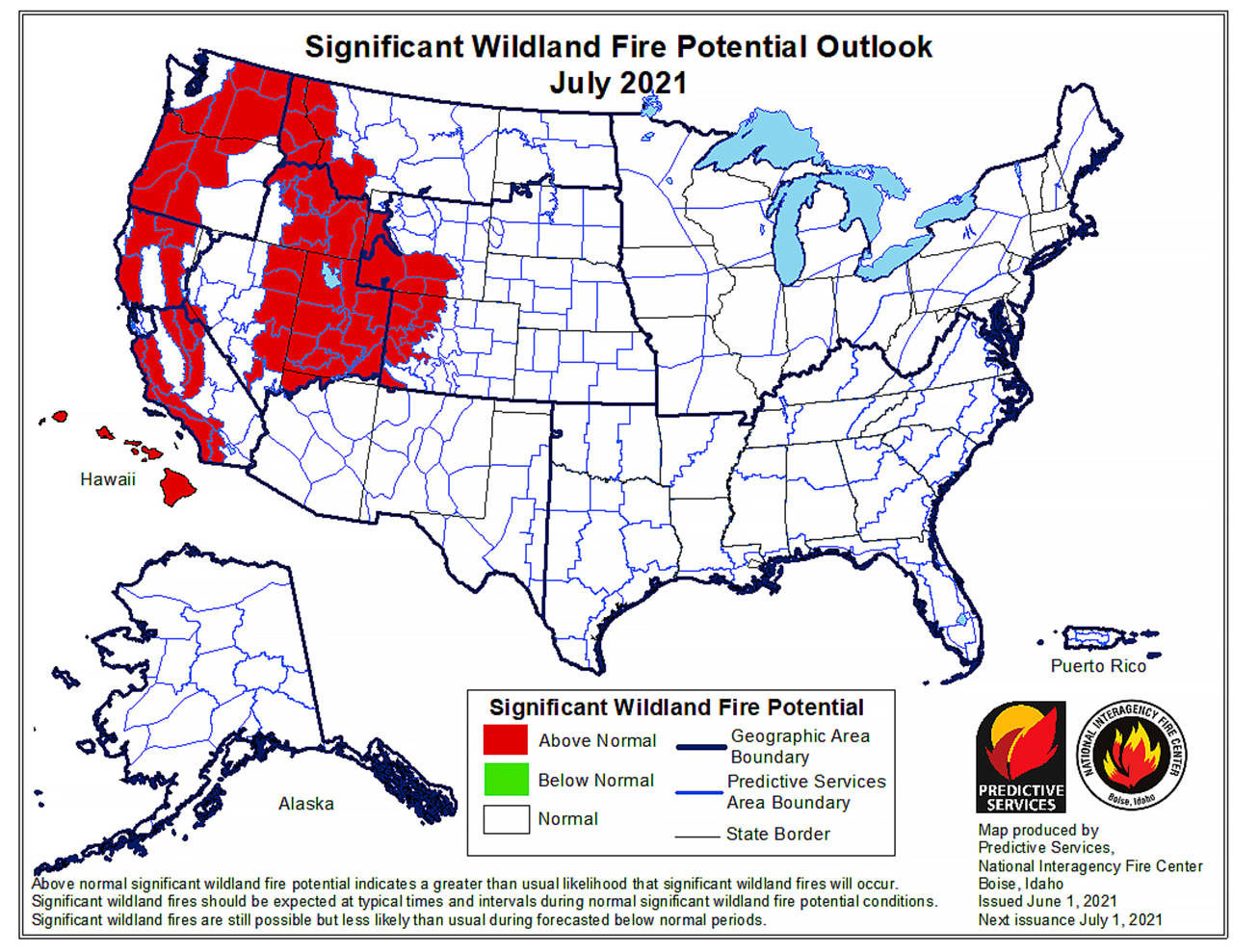 Map of July fire outlook for the West. (National Interagency Fire Center)