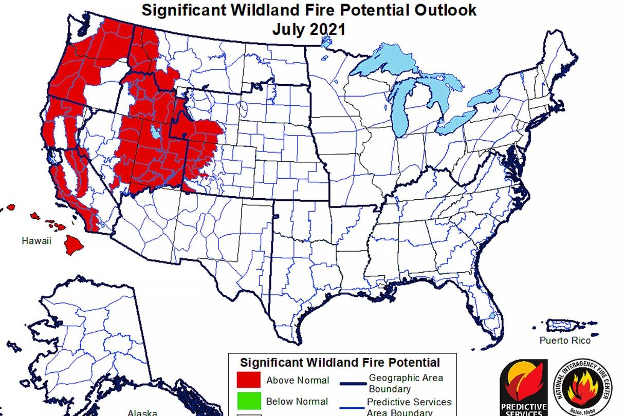 Map of July fire outlook for the West. (National Interagency Fire Center)
