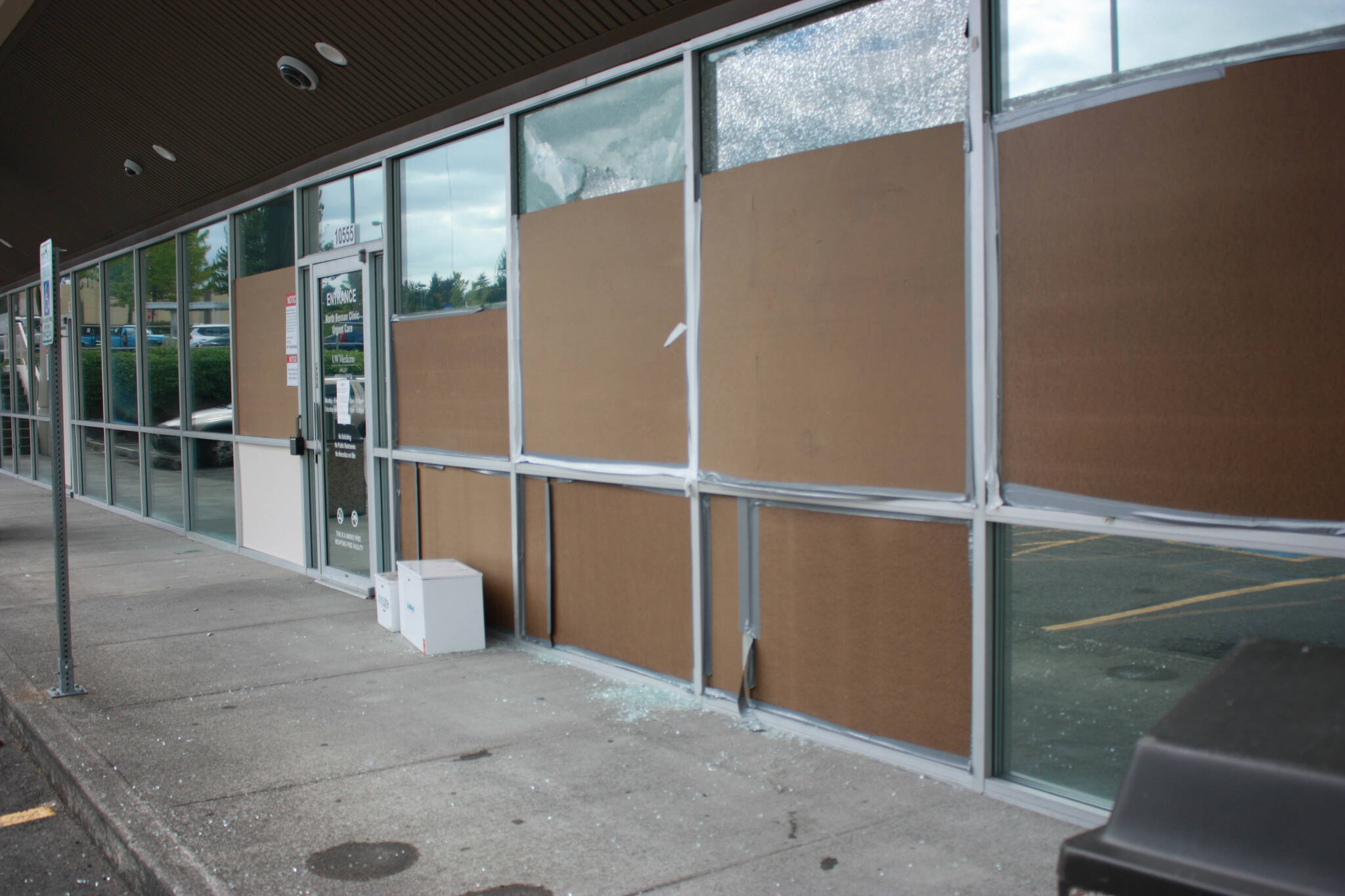 Front windows damaged at North Benson Urgent Care Clinic. Photo by Cameron Sheppard/Sound Publishing