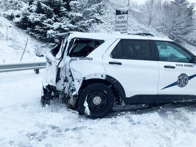 A Washington State Patrol trooper was involved in a collision Dec. 26 on northbound Interstate 5 near Southcenter in Tukwila. The trooper was not injured. COURTESY PHOTO, State Patrol
