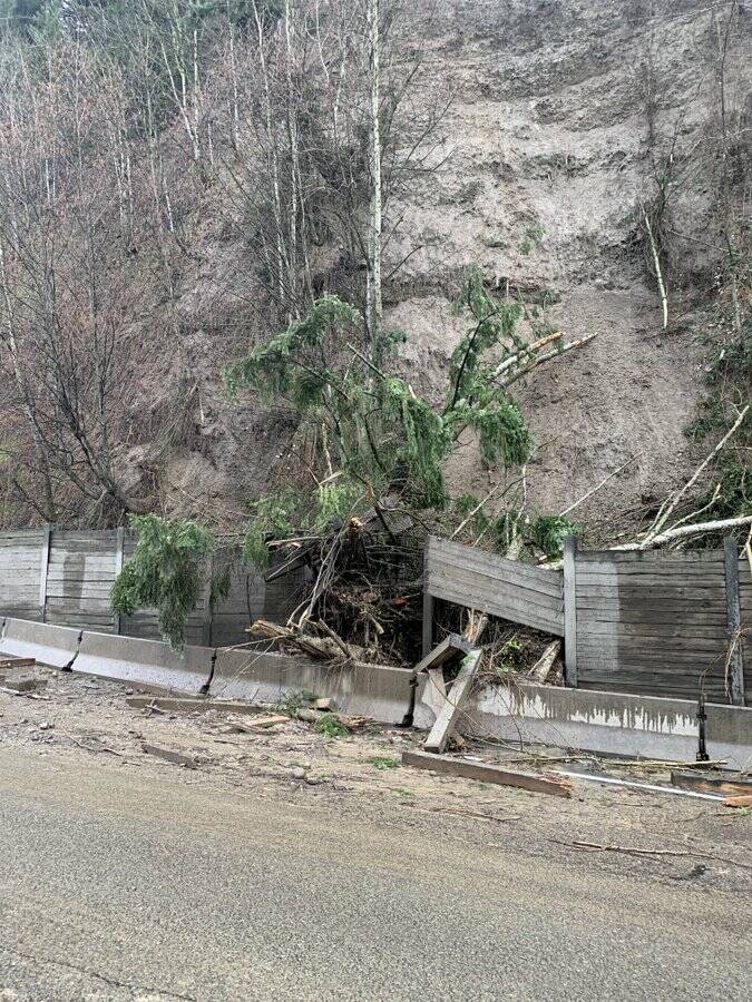 A landslide on State Route 18 between Weyerhauser Way and State Route 167 that closed the westbound lanes early Wednesday, March 2. COURTESY PHOTO, Washington State Patrol