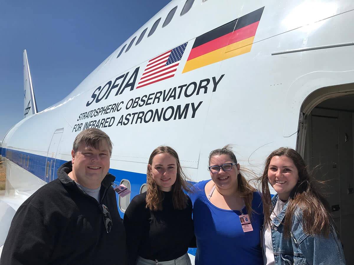 Marina Beltran, second to right, had the rare opportunity to fly on the NASA SOFIA only a few months before the project is shut down permanently. Photo courtesy of Embry-Riddle and Dr. Noel Richardson