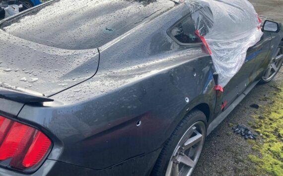 Car damaged by bullets during Feb. 19 Interstate 5 shooting. (Courtesy of Washington State Patrol)