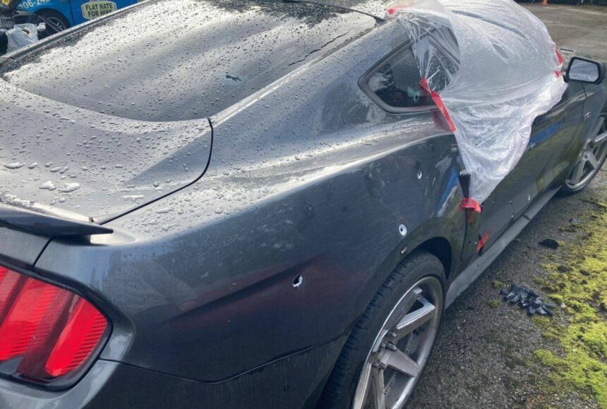 <p>Car damaged by bullets during Feb. 19 Interstate 5 shooting. (Courtesy of Washington State Patrol)</p>