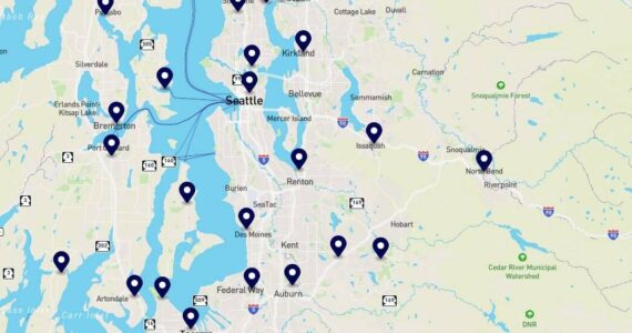 Map of some scheduled protests in the Puget Sound area. (Screenshot courtesy of nokings.org)