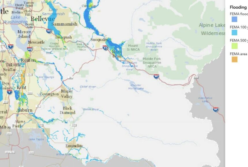 <p>The King County flood map shows the different areas of South King County, indicated by blues and oranges, that are prone to flooding. Image courtesy of King County Flood Control.</p>