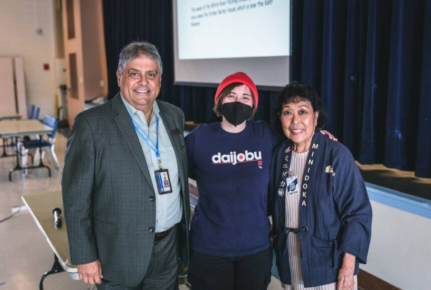 <p>Kent Superintendent Israel Vela with Kiku Hughes and Eileen Yamada-Lamphere at Mill Creek Middle School. Photo courtesy of the Kent School District.</p>