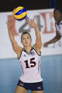 Kentlake graduate Courtney Thompson sets the ball during a Team USA women’s volleyball match at the Montreaux Masters in Switzerland in early June. Courtesy of NORCECA
