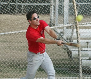 Terry Brown hit the ball for the Maple Valley Fire Department team Monday at Lake Wilderness Park.