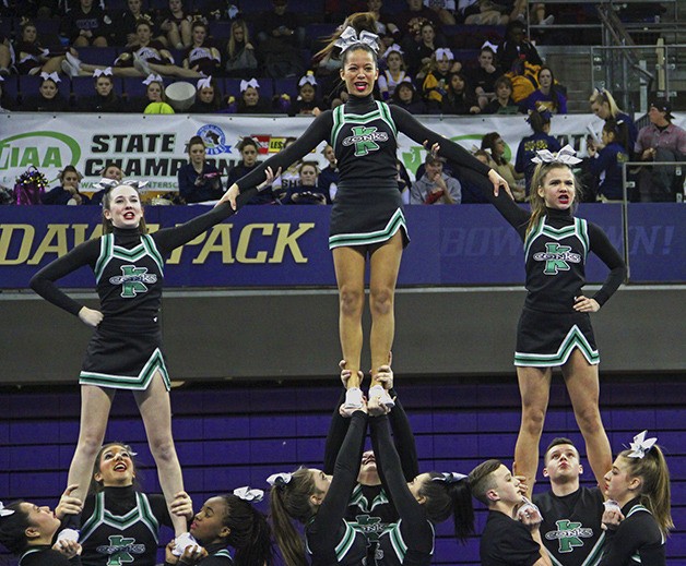The Kentwood Black cheerleading team finished first in the 4A/3A/2A non-tumbling coed competition at the state championships over the weekend.