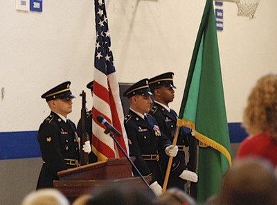 The color guard presented the flags at the Rainier Christian Schools Veterans Day ceremony.
