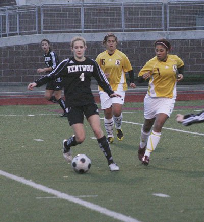 Reilly Retz controls the ball Saturday at Mount Tahoma High in a game the Kentwood girls soccer team won 1-0 over South Kitsap.