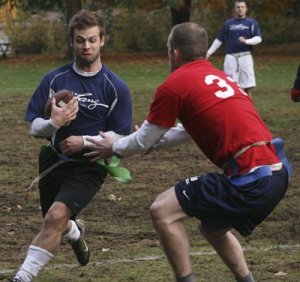 The Curtis Lang BNK in blue won the Maple Valley Parks and Recreation competitive league championship 40-22 over the Saints Saturday at Lake Wilderness Park.
