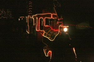 The holiday express trackless train gives rides to kids and parents at the 'Holiday Lights at the Lodge' event Wednesday.