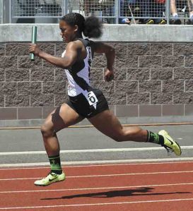 Zaria Jones finished the last leg of the girls 400 meter relay for Kentwood at the track and field state championship meet at Mount Tahoma High School May 29-31. The Conquerors 400 meter relay team brought home third place in the event.