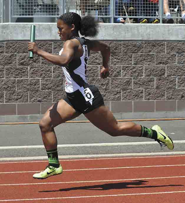 Zaria Jones finished the last leg of the girls 400 meter relay for Kentwood at the track and field state championship meet at Mount Tahoma High School May 29-31. The Conquerors 400 meter relay team brought home third place in the event.