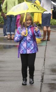 Ava Bartnes arrives at Crestwood Elementary school in Covington for her first day of Kindergarten Aug. 29.
