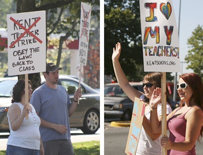 Joni and Joshua Bentley stood on the south side of Kent Kangley Road demanding teachers return to the classrooms. Terra Compton