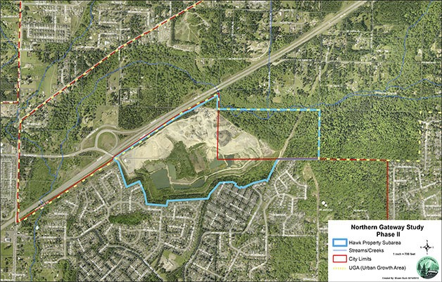 This rendering shows an overhead view of the Hawk Property off Southeast 256th Street near state Route 18 in Covington. The 210 acre site could have businesses and a mix of residences.