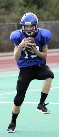 Rainier Christian’s David Helmer hauls in the ball for a touchdown against Tulalip Heritage on Sept. 24.