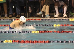 Tahoma's Brooke Bailey swims the breaststroke leg of the Tahoma 200 medley relay at State prelims Friday morning at King County Aquatic Center in Federal Way.