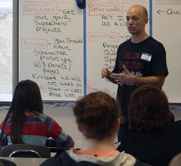 Shawn Seeley speaks to students during the Falcon Revolution about his experience in the Marine Corps after he graduated from Kentlake