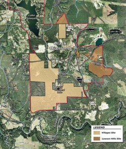 Black Diamond vicinity map - light brown is The Villages project and darker brown Lawson Hills.