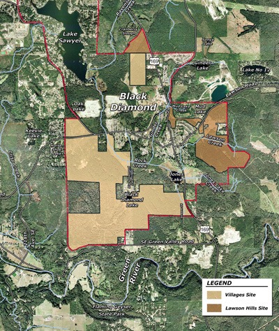 Black Diamond vicinity map - light brown is The Villages project and darker brown Lawson Hills.