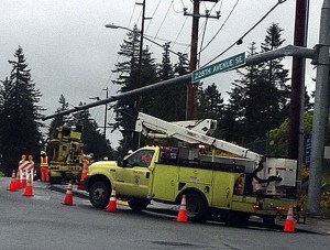 The master arm for the traffic signal at 228th Avenue Southeast and Southeast Kent Kangley Road after a King County transportation services dump truck hit it earlier this week.