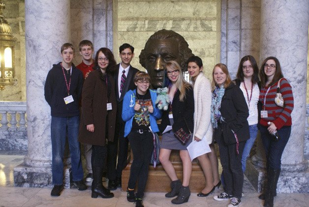 WSU King County 4-H trained and sent eleven young delegates to Olympia Feb. 18 through 21 for the 2012 Know Your Government Conference. From left to right are: David Frothingham