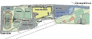 The blue shaded area is the approximate location of the 8 acres of land the City Council approved to sell to the district Monday.