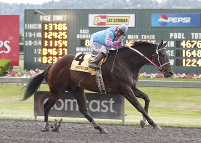 Noosa Beach ties Handy N Bold in the record book with his 10th career stakes victory at Emerald Downs. The 5-year-old Washington-bred gelding was ridden by Gallyn Mitchell under a track record 125 lbs. Doris Harwood is the trainer for owner-husband Jeff Harwood.