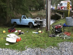 A man rolled his pickup into Covington Creek March 14 and was rescued by five men.