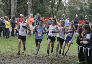 Graeme Schroeder and Tristan Houser in the home stretch of the West Central District meet Saturday at American Lake.