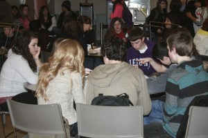 A group of Kentlake students eat breakfast before they take the High School Proficiency Exam (HSPE) on Wednesday