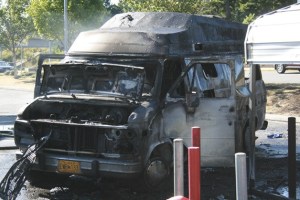 The van that caught on fire while filling propane. The fire was put out by the Kent Regional Fire Authority.