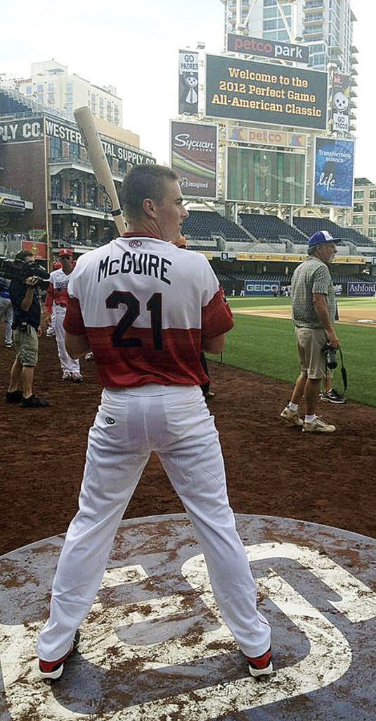 Reese McGuire stands in the on deck circle  Aug. 12 at Petco Park in San Diego before the Perfect Game.
